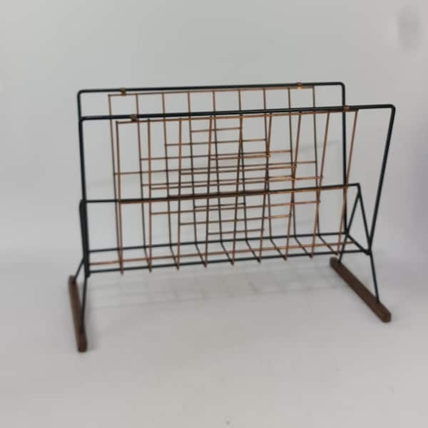 Vintage 50s teak and metal paper rack