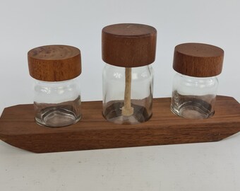 Vintage teak and glass Honey ,salt and peper set