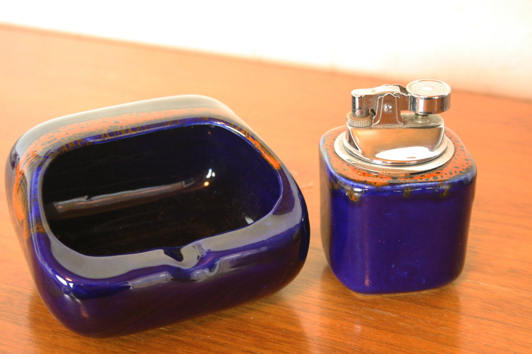 Vintage ceramic ashtray and lighter