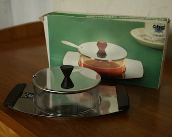 vintage stainless steel  tray with  matching preserves jar by CHG