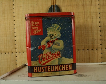 Vintage tin advertising box ,"villosa hustelinchen cough sweets " .