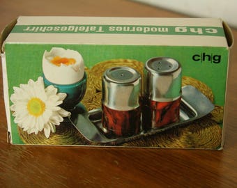 Vintage stainless steel and teak Salt & pepper tray by CHG