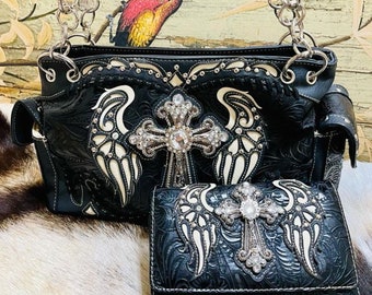 Western Style Cross Laser Cut Wings Purse & Handbag Set - Concealed Carry Shoulder Bag For Women, 2-Piece Purple Set