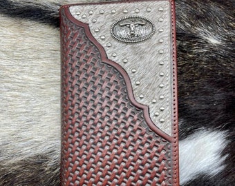 Western Cowboy Genuine Leather Bi-fold Long wallet for Men Long Horn.