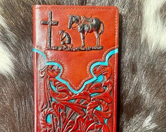 Western Cowboy Wallet Genuine Leather Bi-fold Long wallet for Men Praying Cow Boy