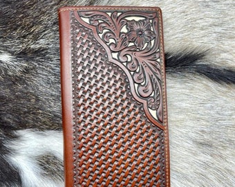 Western Cowboy Wallet Genuine Leather Bi-fold Long wallet for Men, Floral Laser Cut.