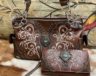 Western Concealed Carry concho Embroidered Shoulder Handbag and Wallet Set