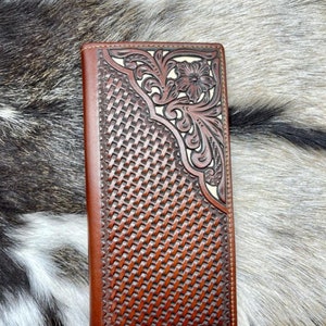 Western Cowboy Wallet Genuine Leather Bi-fold Long wallet for Men, Floral Laser Cut.