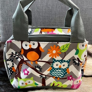 Owl Print Canvas Insulated Lunch Bag