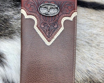 Western Cowboy Genuine Leather LONG HORN Bi-fold Long wallet for Men.