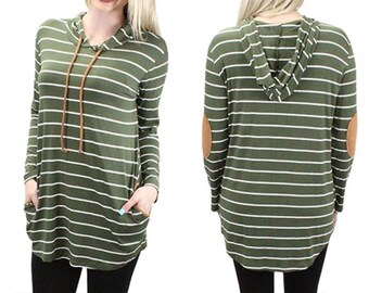 Women's Striped Hoodie with Elbow Patches and Pockets T-Shirt