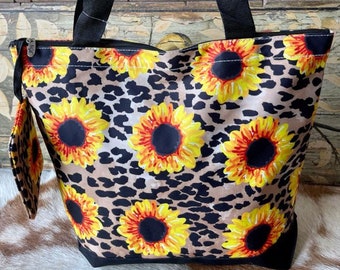 Leopard and Sunflower print  Zippered Tote Bag with Coin purse