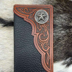 Western Cowboy Wallet Genuine Leather Bi-fold Long wallet for Men Star.