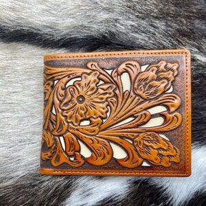 Western Cowboy Wallet Genuine Leather Bi-fold Short wallet for Men, Floral Laser Cut.