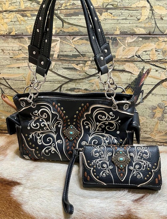 Butterfly Tooled Belts Buckle Western Concealed Carry Purse Women Handbag Wallet 