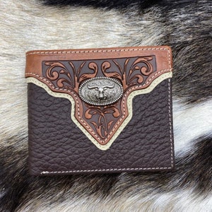 Western Cowboy Wallet Genuine Leather Bi-fold Short wallet for Men Long Horn.