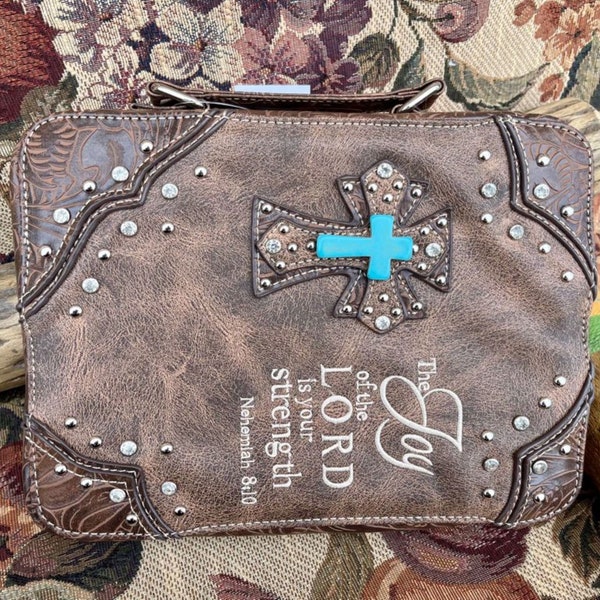 Western Cross Bible Cover Verse The Joy of the LORD is your strength Nehemiah 8:10 Hand Bag