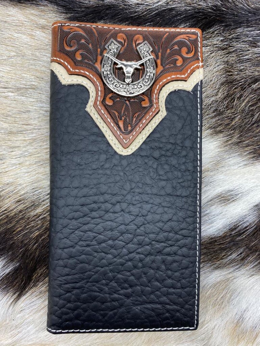 Western Cowboy Wallet Genuine Leather LONG HORN Bi-fold Long Wallet for ...