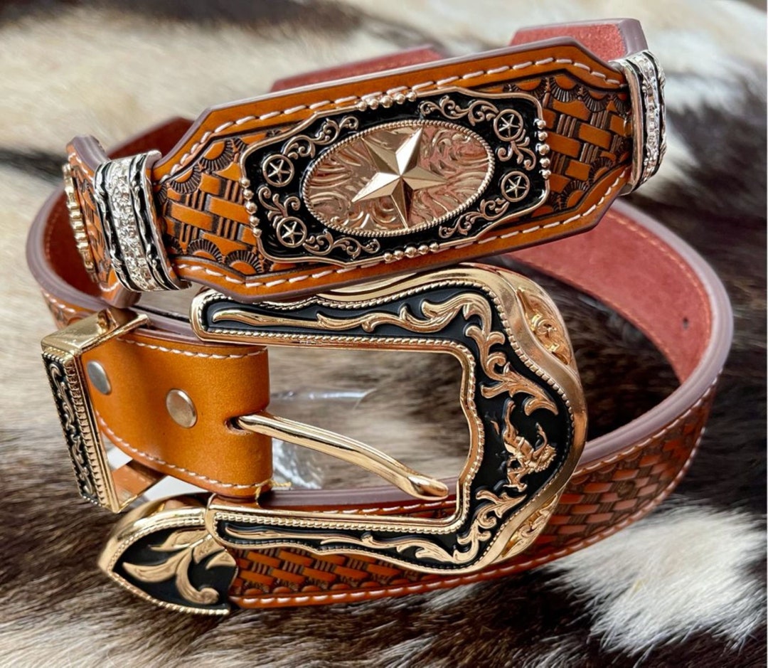 Camel Large Western Belt In Vintage Calfskin - Designer Belts for