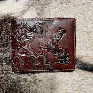 Western Cowboy Wallet Genuine Leather Bi-fold Short wallet for Men Rooster.