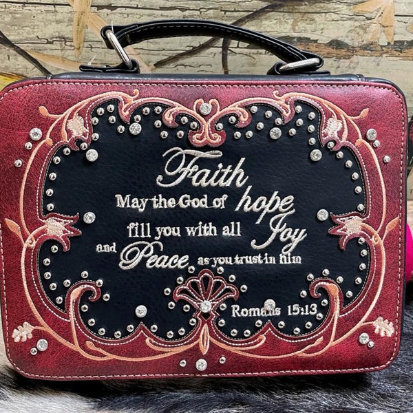 Western Bible Cover Verse Faith may the God of Hope fill you with all Joy and Peace as you trust in him Hand Bag