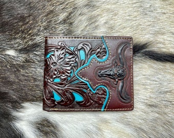 Western Cowboy Wallet Genuine Leather Bi-fold Short wallet for Men Long Horn