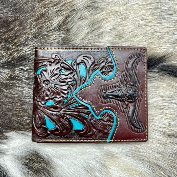 Western Cowboy Wallet Genuine Leather Bi-fold Short wallet for Men Long Horn