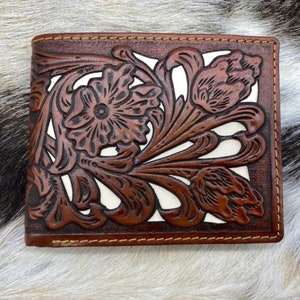 Western Cowboy Wallet Genuine Leather Bi-fold Short wallet for Men, Floral Laser Cut.