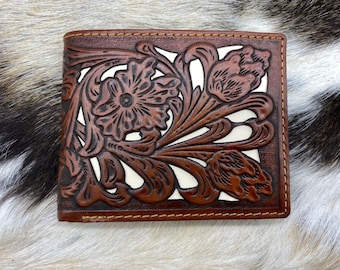 Western Cowboy Wallet Genuine Leather Bi-fold Short wallet for Men, Floral Laser Cut.