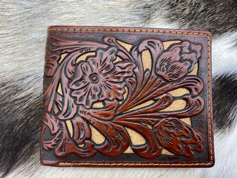 Cartera de vaquero occidental de piel auténtica, cartera corta plegable para hombre, corte láser floral. imagen 1