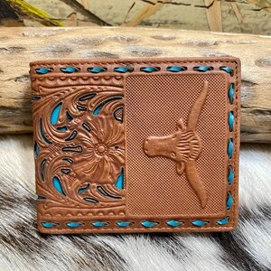 Western Cowboy Wallet Genuine Leather Bi-fold Short wallet for Men Long Horn.