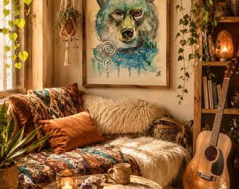 Boho Watercolor Bear Matte Vertical Poster | Spirit Animal Woodland Art