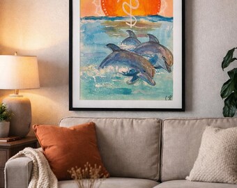 Sunset Dolphins poster | Matte Vertical Poster, Ocean Watercolor with Sun Symbol