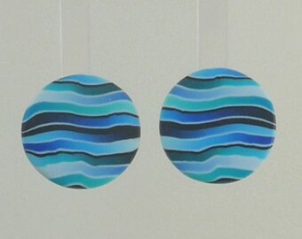 Blue round studs, polymer clay earrings, Small studs, Ocean earrings, Waves earrings, Blue stripes, Gift for her, Lightweight earrings