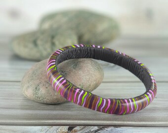 Extra large bangle purple polymer clay bangle stripes heather 22cm 8.5in heather colour oval