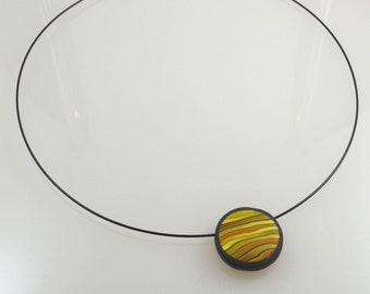 Polymer clay pendant, Polymer choker wire, Yellow pendant, Striped, Circular choker, Gift for ladies, Statement pendant,