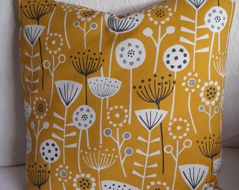 A stylish thick cotton cushion cover /pillow case in Bergen yellow & white design of flowers and seedheads will fit an 18" square cushion.