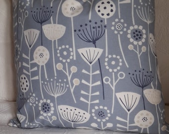 A stylish thick cotton cushion cover /pillow case in Bergen Blue & white design of flowers and seedheads will fit an 18" square cushion.