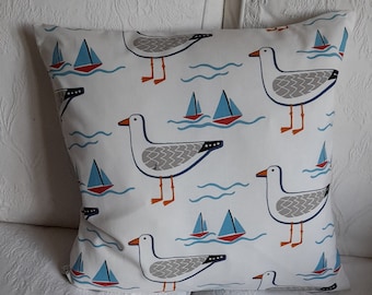 Whitby Seagull design cushion cover / pillow cover  in organic cotton.  Whitby Seagull design on both sides and fits an 18" square pad..