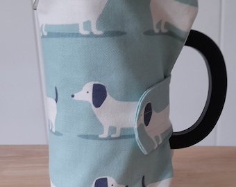 Cafetiere cover / french press cover in thick cotton  in blue dachshund dog design.  Slightly padded for warmth.