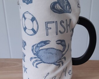 Cafetiere cover / french press cover in thick cotton  in blue seafood design.  Slightly padded for warmth.