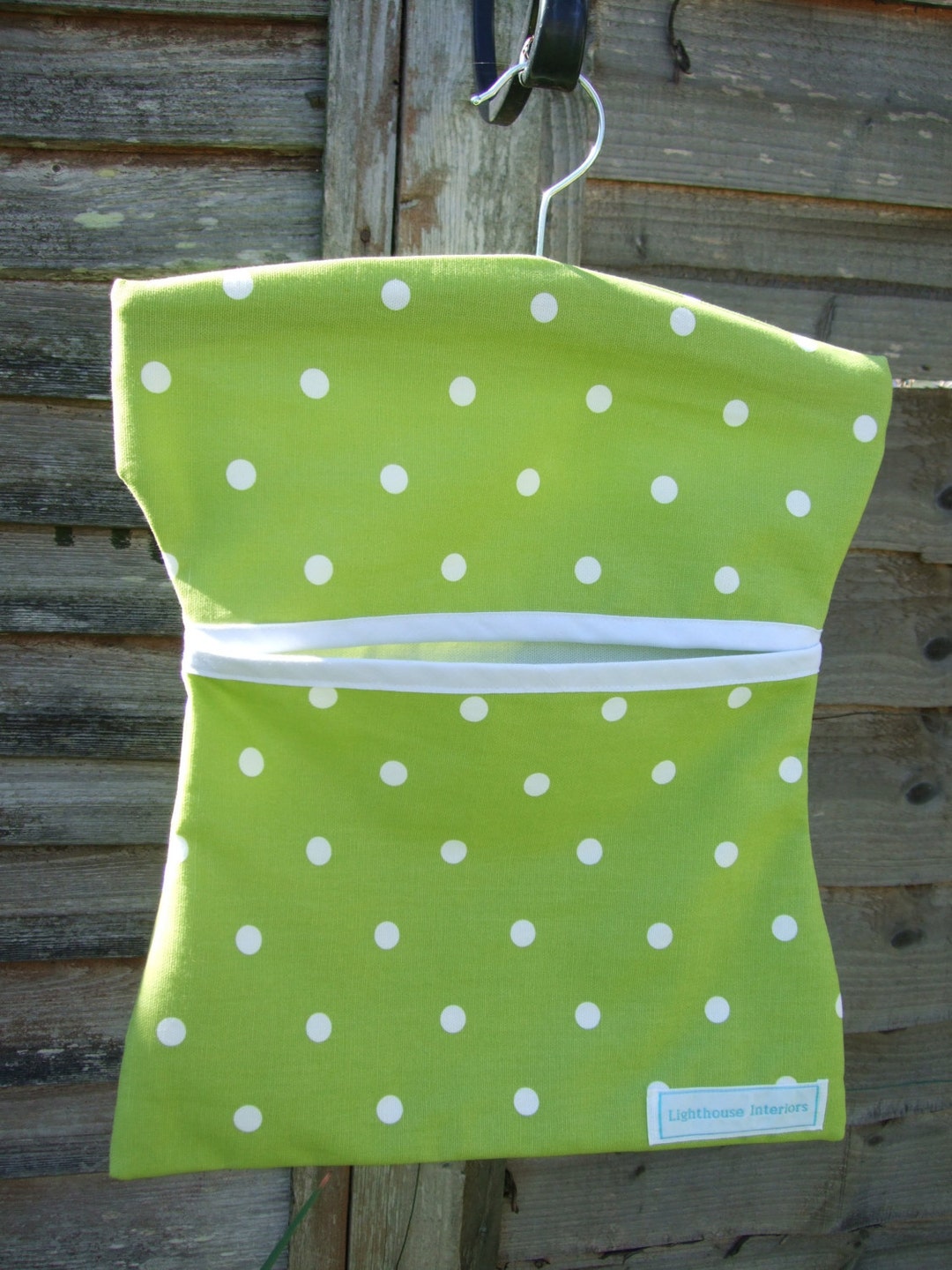 Clothes Peg Bag in Thick Cotton in Lime Green With White Dots. Trimmed in White Binding and