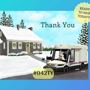 042TY NGDV Cold Climate style, Dog Driving Mailtruck, Letter Carrier Thank You Post Cards, packs of 50 or 100 postcards,Mail Carrier,