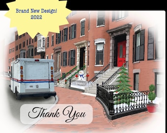 Brownstone City Scene Letter Carrier Thank You Post Cards, postal postcards, Mail Carrier ©