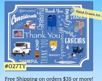 027TY Many Thanks Postal Themed Thank You Postcards for Mail Carriers, Mail clerks, blank backside