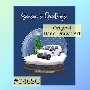 May include: A greeting card with a snow globe design. The snow globe features a white van, a green Christmas tree, and the text "Winter Wonderland." The card has the text "Season's Greetings" and "Original Hand Drawn Art."