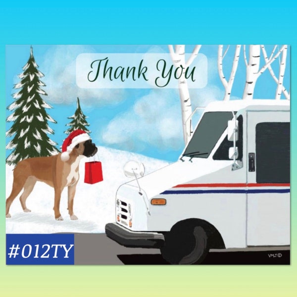012TY Winter holiday scene with dog Letter Carrier Thank You Post Cards, postal postcards, Mail Carrier