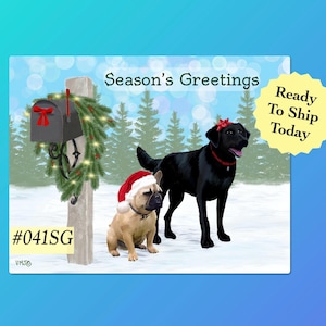 041SG Frenchie et Black Lab Cartes postales de voeux pour facteurs, cartes postales 50/100, cartes postales pour les fêtes (facteur)