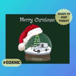 028MC Santa Hat Merry Christmas Snowglobe postcards, packs of 50 or 100 postcards, Letter Carrier Greeting Postcards, mail carrier, postal