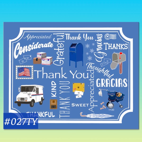 027TY Many Thanks Postal Themed Thank You Postcards, blank backside